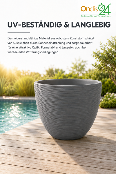 Runder Kunststoff-Pflanzkübel auf einer Holzterrasse am Pool in heller Umgebung. Ultraviolettbeständig und langlebig. Ondis24 Logo.