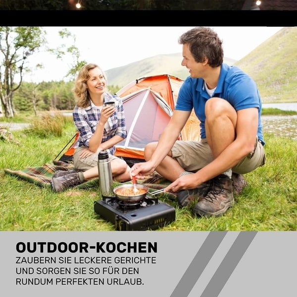 SENA Camping Gaskocher mit 4 Gaskartuschen Campingkocher 1-flammig max. Leistung 2,5 KW