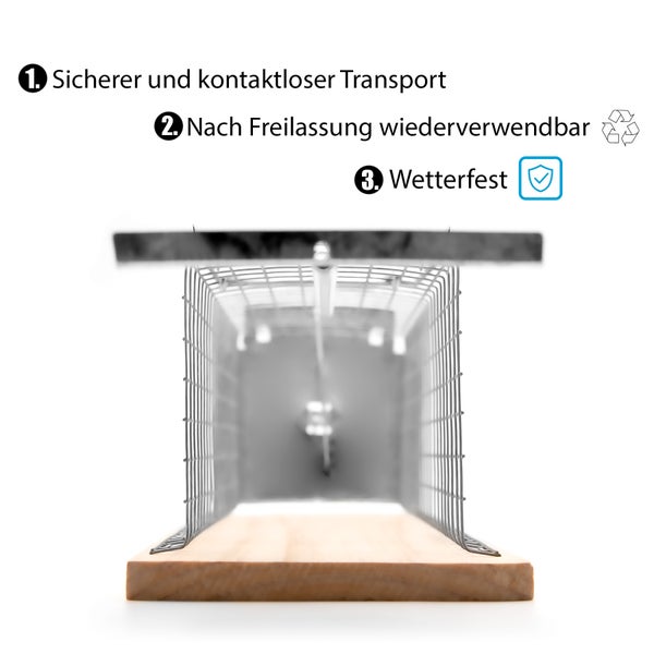Lebendfalle aus Metall und Holz mit Informationen zu sicherem Transport, Wiederverwendbarkeit und Wetterfestigkeit