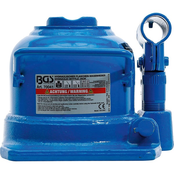 Verpackung eines hydraulischen Flaschenwagenhebers von BGS technic mit einer maximalen Tragkraft von 10 Tonnen