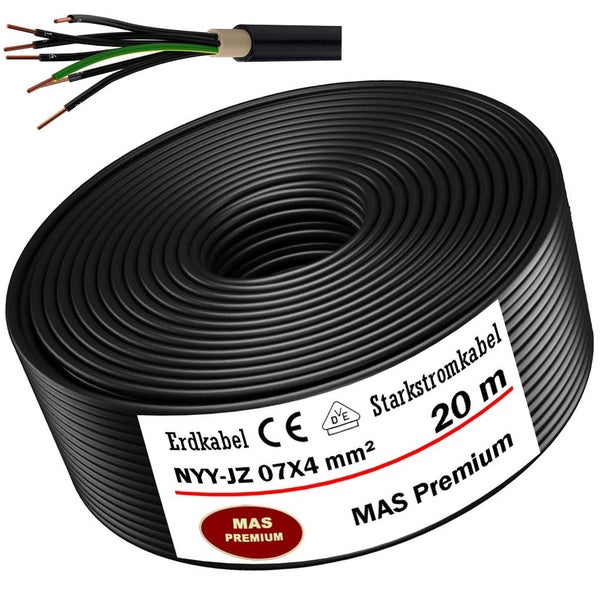 Erdkabel NYY-JZ 7 mal 4 Quadratmillimeter, 20 Meter Ring, Starkstromkabel MAS Premium.