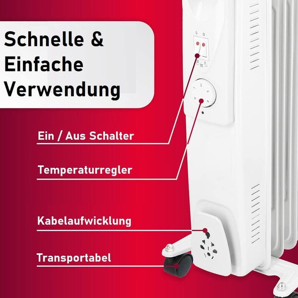JUNG TECHWOOD TCG62 Heizung Elektrisch mit Thermostat, Ölradiator 450 Watt Energiesparend, mobile Elektroheizung für Räume bis 15qm, Elektrische Heizgerät Mobil mit 5 Lamellen
