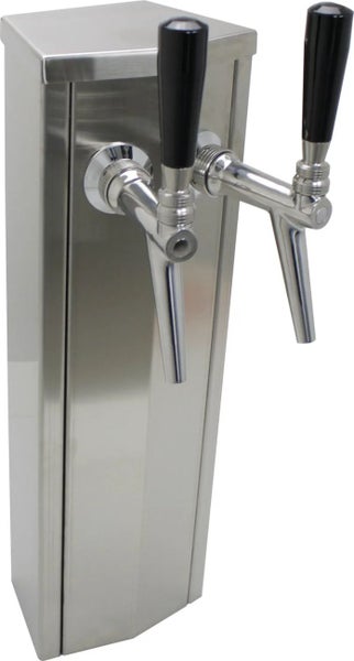 Schanksäule aus Edelstahl mit zwei Zapfhähnen und schwarzen Griffen.
