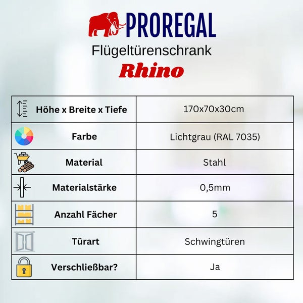 Produktdatenblatt für den Proregal Rhino Flügeltürenschrank aus Stahl mit 170 mal 70 mal 30 Zentimetern Maßen und 5 Fächern.