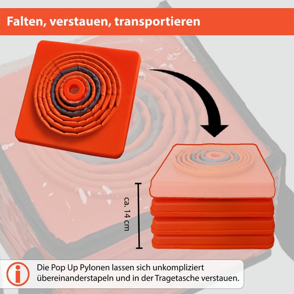 Faltbare Verkehrskegel zusammenfaltbar und stapelbar mit einer Gesamthöhe von circa 14 Zentimetern inklusive Transporttasche