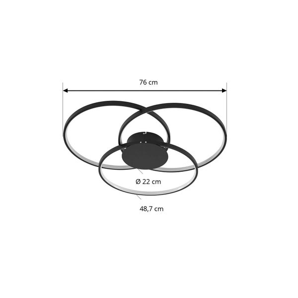 Maßzeichnung einer schwarzen LED-Deckenleuchte mit drei Ringen, Breite 76 Zentimeter, Tiefe 48,7 Zentimeter und Baldachin-Durchmesser 22 Zentimeter.
