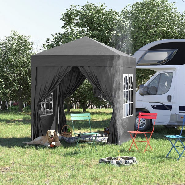 Outsunny Pavillon 2x2m Wasserdicht, Pop-up Faltpavillon mit 4 Seitenwänden, Abflusslöcher Fenster, faltbar Partyzelt UV 30+, Gartenzelt mit Tragetasche, Gartenpavillon für Terrasse, Schwarz