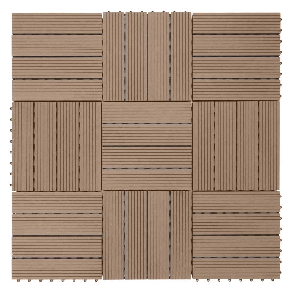 Braune WPC-Terrassenfliese mit geriffelter Oberfläche im Schachbrettmuster.