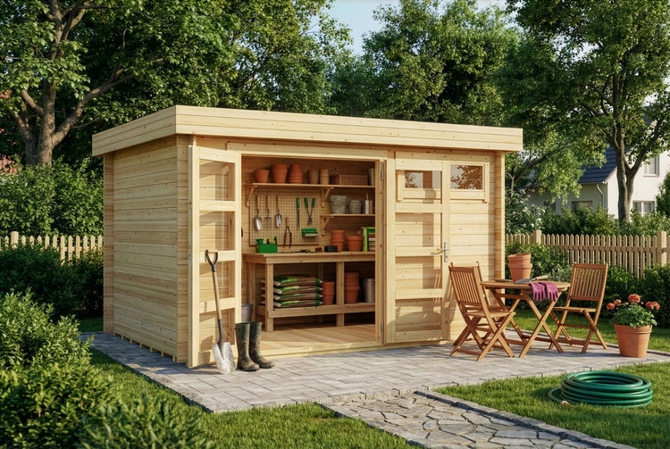 Gartenhaus aus Holz mit Pultdach, Doppeltür, Werkbank im Innenraum, Sitzgruppe und Gartengeräten im hellen Garten.