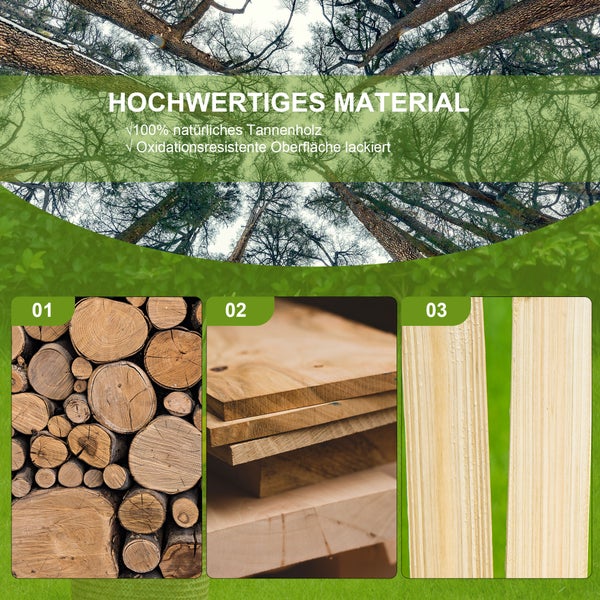 Holz Gartenschaukel mit integriertem Tisch, dekoriert mit einer Tasse Kaffee, Zeitschrift und einem Blumenkorb