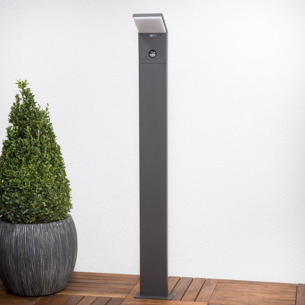 Moderne Solar-Sockelleuchte in Anthrazit mit Bewegungsmelder auf einer Holzterrasse neben einer Pflanze im Topf.