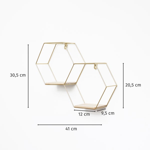 Doppelsechseckiges Wandregal aus Metall - 30,5 x 41 cm - Gold