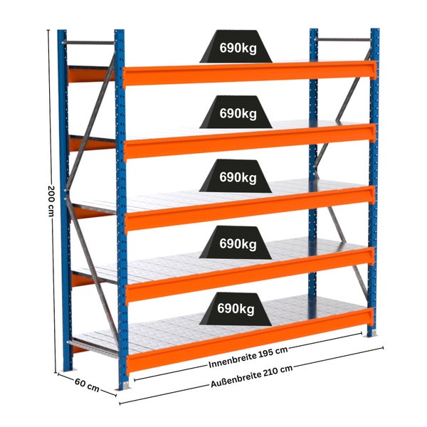 Schwerlastregal mit fünf Ebenen und Gewichtsangabe