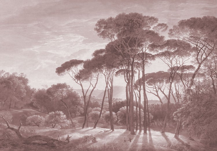 Fototapete mit einer klassischen italienischen Landschaft mit hohen Pinien und kleinen Personen im Vordergrund.