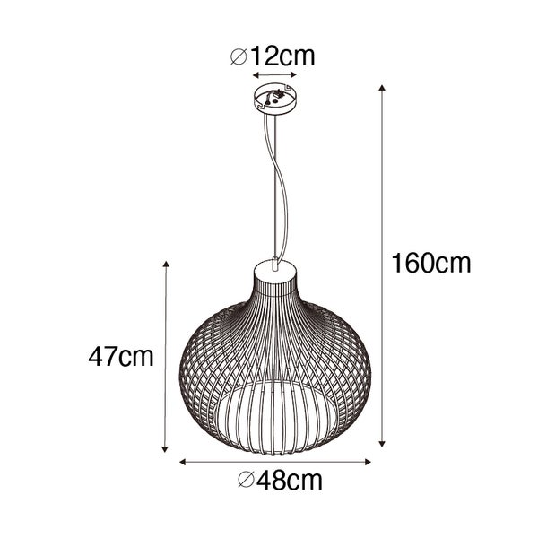 Technische Zeichnung einer Pendelleuchte mit den Maßen 47 cm Höhe, 48 cm Durchmesser, 12 cm Baldachindurchmesser und 160 cm Gesamthöhe.