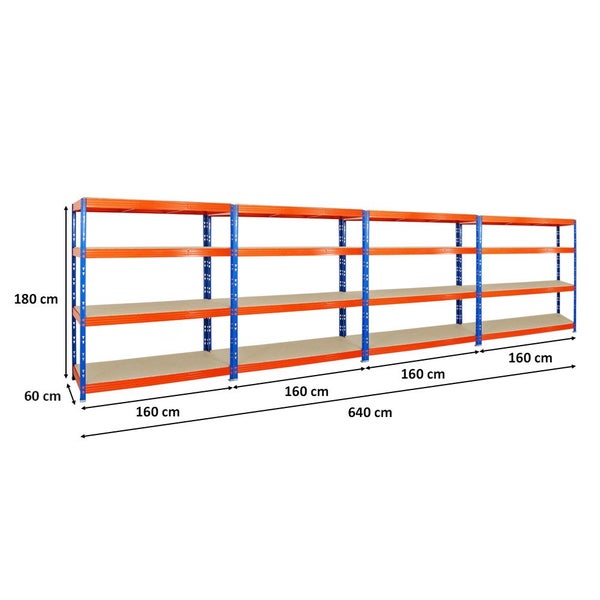 PROREGAL Mega Deal 4x Profi Schwerlastregal Rhino HxBxT 180 x 160 x 60 cm 4 Spanplatten-Ebenen 16mm Fachlast 500 kg Blau-Orange