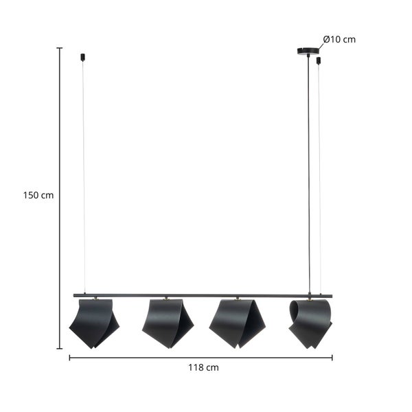 Schwarze Pendelleuchte mit vier Lampenschirmen und einer Länge von 118 cm.