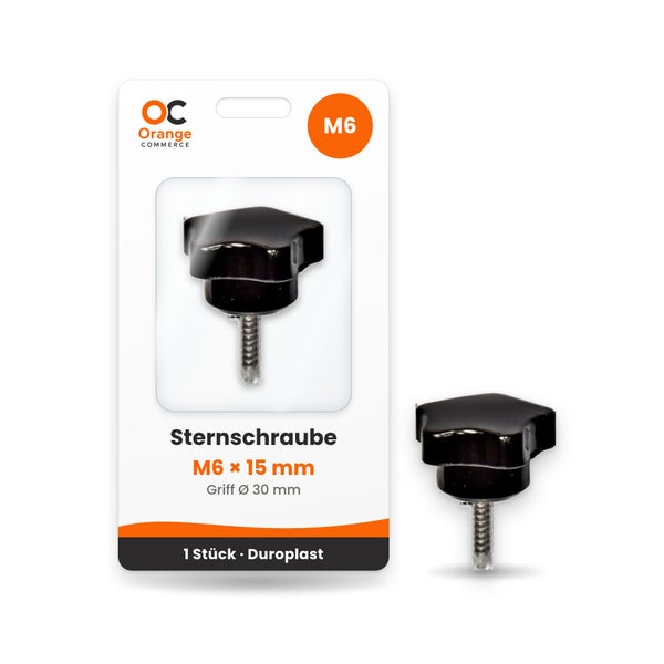 Sternschraube M6 mal 15 Millimeter mit 30 Millimeter Griff aus Duroplast in Verpackung