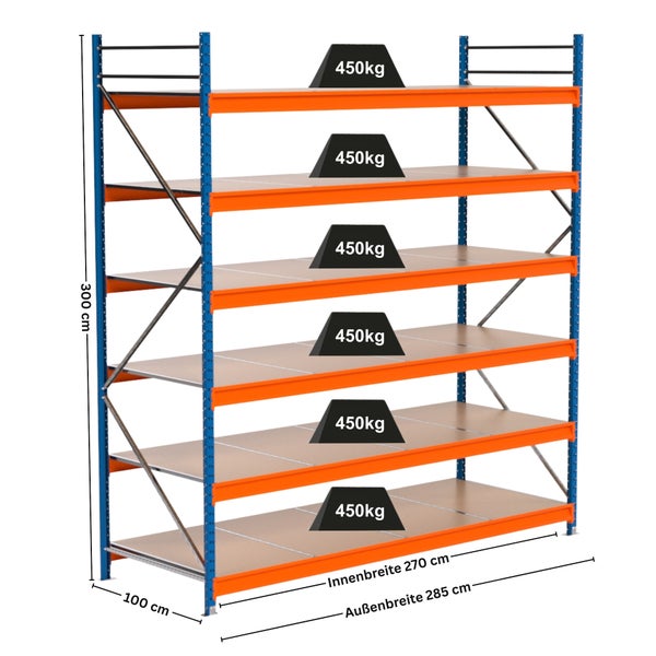 Abbildung eines Schwerlastregals mit sechs Regalböden und den Maßen 300 cm Höhe, 270 cm Innenbreite, 285 cm Aussenbreite und 100 cm Tiefe, Traglast 450 kg pro Regalboden.