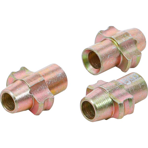 Drei metallene Druckstücke für Bördelgeräte, BGS technic Logo.