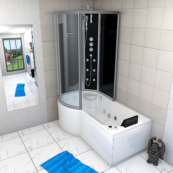 Dusch-Badewannen-Kombination mit Whirlpool-Funktion und Duschkabine mit Massagedüsen in einem hell gefliesten Badezimmer.