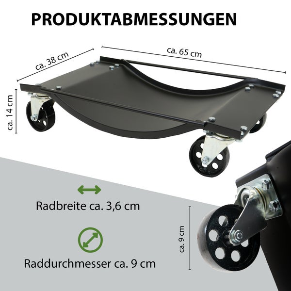 Produktabmessungen einer Transportroller mit den Maßen circa 38 cm Breite, circa 65 cm Länge, circa 14 cm Höhe und einem Raddurchmesser von circa 9 cm