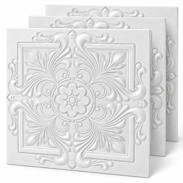 Drei quadratische Deckenplatten mit dekorativem barockem Ornamentmuster zur Wand oder Deckengestaltung.