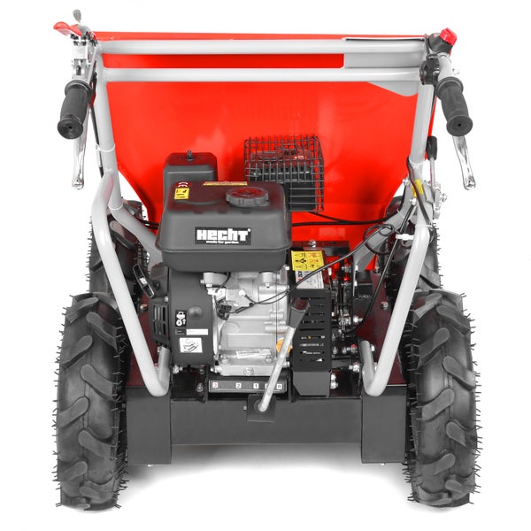 Hecht Motorschubkarre mit Benzinmotor und vier profilierten Rädern, Rückansicht mit Bediengriffen und Motor.