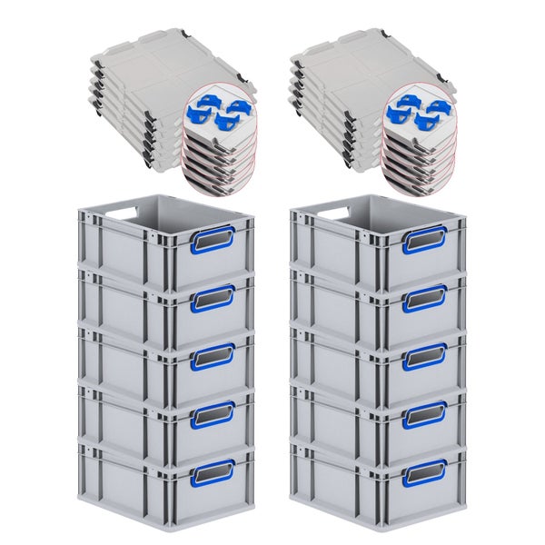 PROREGAL Spar Set 10x Eurobox Nextgen Color Mit Auflagedeckel & Schiebeschnappverschlüsse HxBxT 17 x 30 x 40 cm Griffe Blau Offen Glatter Boden