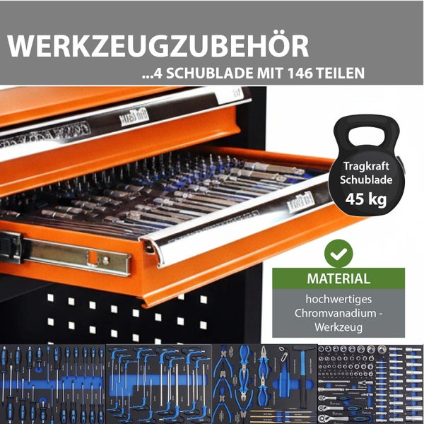 Werkzeugzubehör mit vier Schubladen und 146 Teilen, Tragkraft der Schublade 45 Kilogramm, hochwertiges Chromvanadium Werkzeug