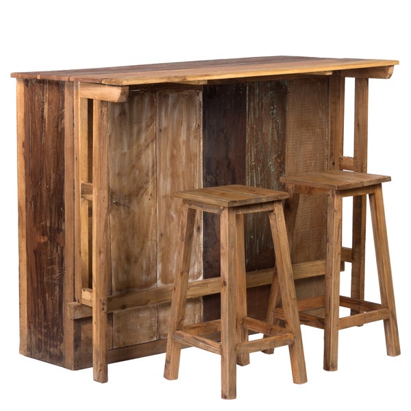 Barschrank-Set Aruba 3-tlg. Massivholz, mit 2 Barhockern, 12er Flaschenregal und Gläserschienen naturfarben