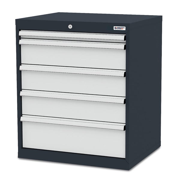 Werkzeugschrank mit 5 Schubladen, Metallgriffen und Zentralschloss, Anthrazit und Hellgrau, Werkzeugstore24 Logo.