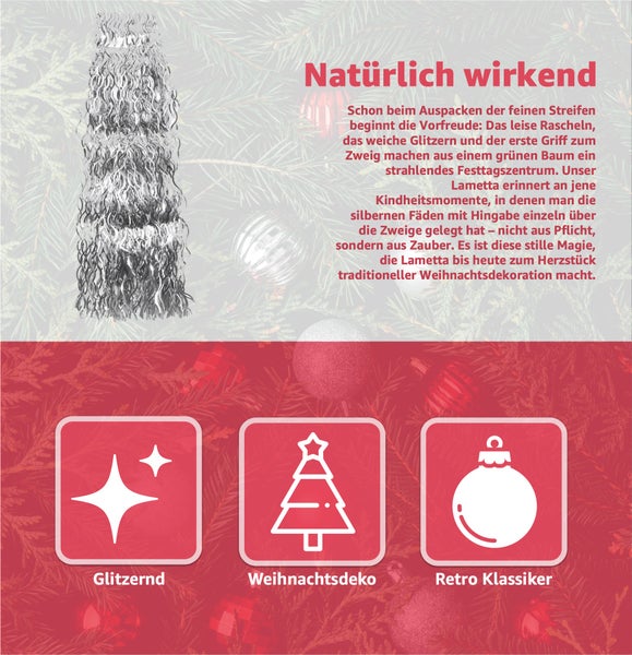 Produktbild mit Lametta und Symbolen für Glitzer, Weihnachtsdeko und Retro-Klassiker