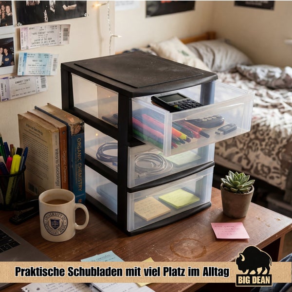 Kunststoff Schubladenbox mit drei transparenten Fächern auf einem Schreibtisch zur organisierten Aufbewahrung von Büromaterialien.