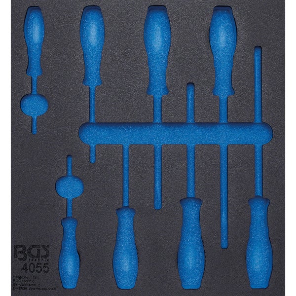 BGS technic Werkstattwagen-Einlage Modell 4055 aus schwarzem Schaumstoff mit blauen Aussparungen für Schraubendreher.