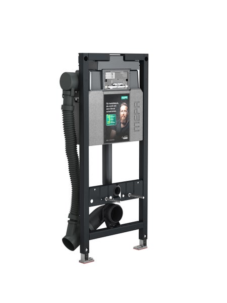 MEPA WC-Vorwandelement für wandhängende WCs mit integriertem Spülkasten und flexiblem Abflussrohr.