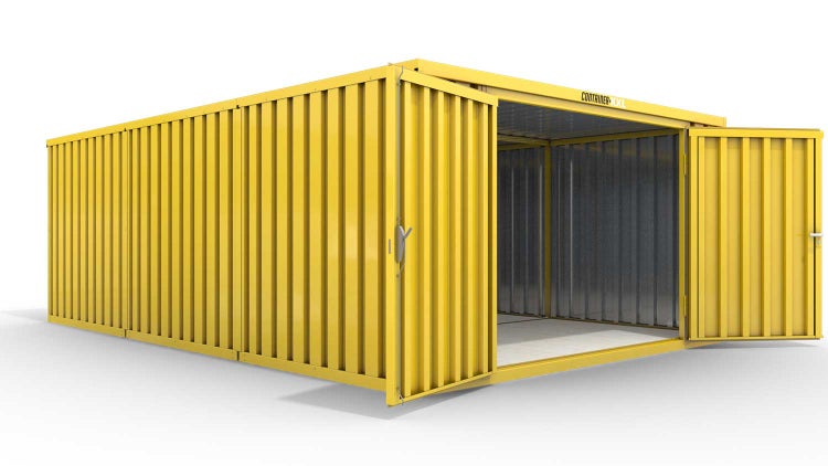 Lagercontainer Gerätehaus XL3  – 32 qm, H2150 x B5080 x T6520 mm, Außenwandlackierung RAL 1003 signalgelb, Dach außen verzinkt, mit Holzfußboden, 2750 mm Doppelflügeltür mittig in Stirnseite, montiert