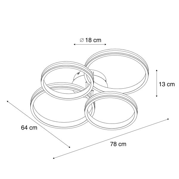 Technische Zeichnung einer Deckenleuchte mit kreisförmigen Elementen und Maßangaben