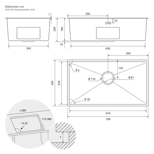 ML-Design XXL Spülbecken Edelstahl 70x40 cm, Küchenspüle Rechteckig, 1 Becken, Einbauspüle Unterbauspüle, Edelstahlspüle mit Ab- und Überlaufgarnitur, Einzelbecken mit Siphon, Waschbecken Küche Spüle