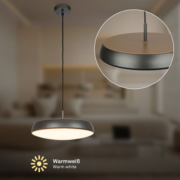 Moderne LED Pendelleuchte mit flachem rundem Schirm und warmweißem Licht zur Deckenmontage