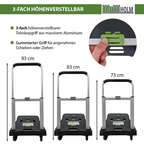 Trutzholm Transportroller mit dreifach höhenverstellbarem Aluminium Teleskopgriff und gummierter Grifffläche.