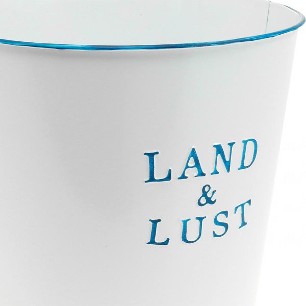 Blumentopf aus Metall mit Aufschrift Land und Lust