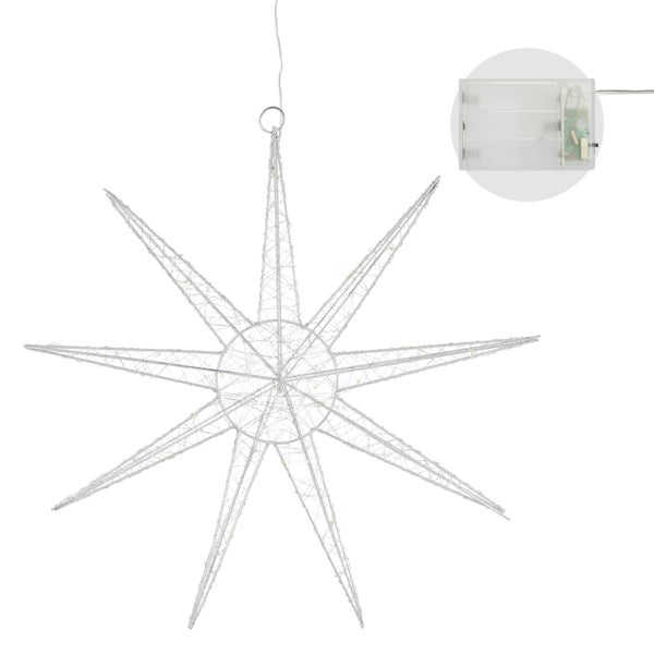 ECD Germany LED Deko Weihnachtsstern mit 50 warmweißen LEDs, 50 cm, Silber, batteriebetrieben, Metall, Weihnachten Schneeflocke zum Aufhängen mit Beleuchtung & Timer, Innen, Weihnachtsdeko Fensterdeko