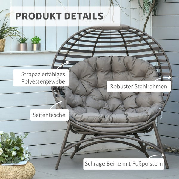 Outsunny Gartenstuhl mit Kissen, Korb-Stuhl, faltbar, 118 x 75 x 139 cm, Stahl, Sandbraun