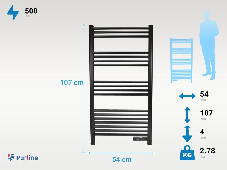 PURLINE Handtuchwärmer mit den Maßen 107 x 54 x 4 cm und 500 Watt Leistung
