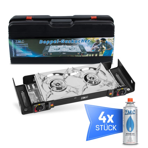 Z.M.C Doppel-Gaskocher mit zwei Brennern, Edelstahloberfläche, schwarzem Transportkoffer und vier Butangas-Kartuschen.