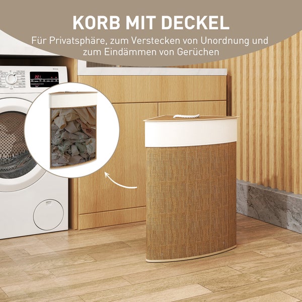 Wäschekorb mit Deckel im Badezimmer neben Waschmaschine und Trockner