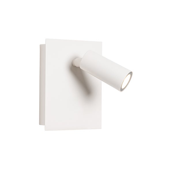Weiße Wandleuchte mit rechteckiger Montageplatte und einem verstellbaren zylindrischen Strahler.