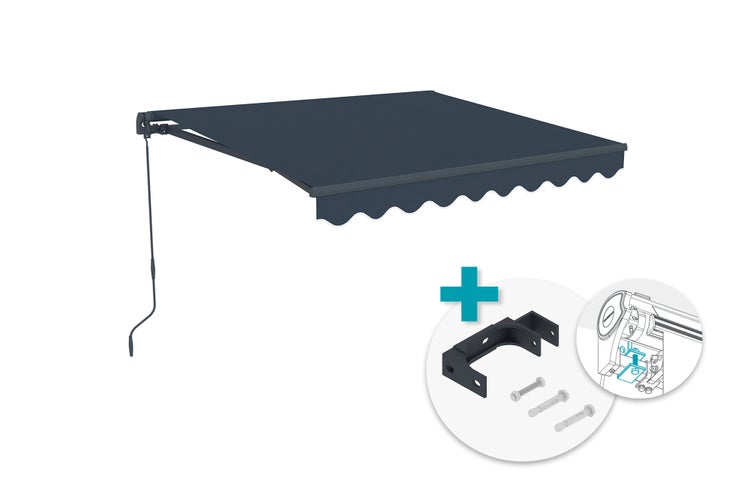 Gelenkarmmarkise mit Handkurbel inklusive Wandhalterung und Montagematerial.