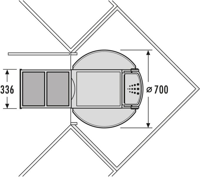 Technische Zeichnung einer Dusche mit den Maßen 336 und Durchmesser 700.